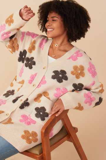 HY7638W Taupe Plus Fuzzy Textured Floral Relaxed Sweater Cardigan Pose